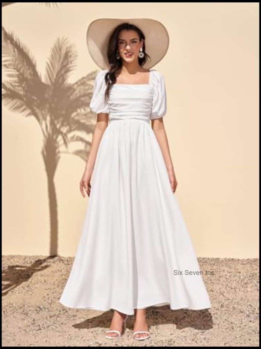 Puff Sleeve Maxi Dress A-Line Square Neck Summer Flowy Beach Sundress - Picture 5 of 6